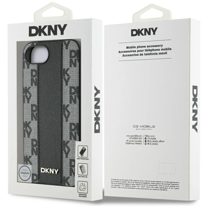 DKNY odinis dėklas su languotu raštu MagSafe iPhone 16e – juodas