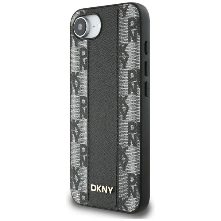 DKNY odinis dėklas su languotu raštu MagSafe iPhone 16e – juodas