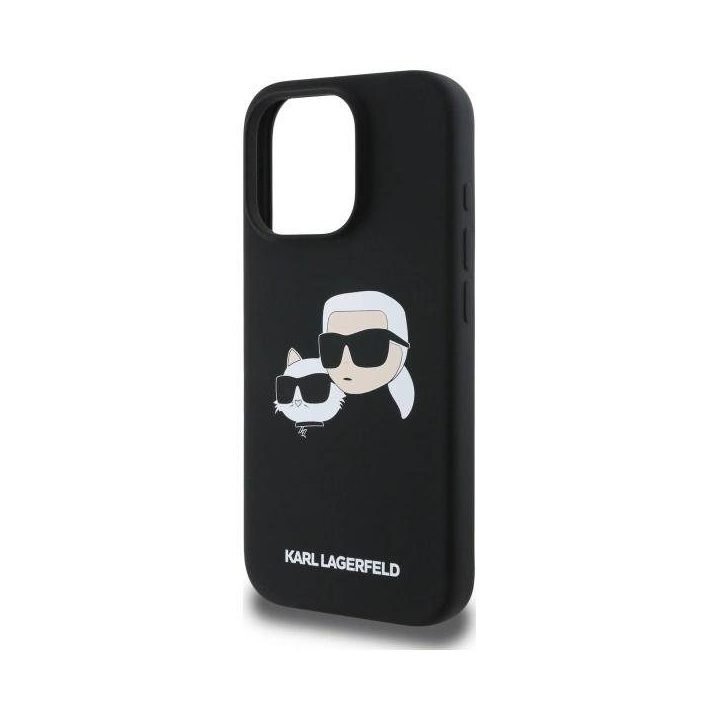 Karl Lagerfeld silikoninis dėklas su galvos atvaizdu, MagSafe, iPhone 16 Pro, juodas