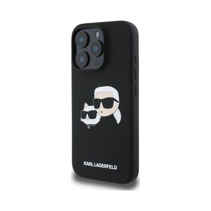 Karl Lagerfeld silikoninis dėklas su galvos atvaizdu, MagSafe, iPhone 16 Pro, juodas