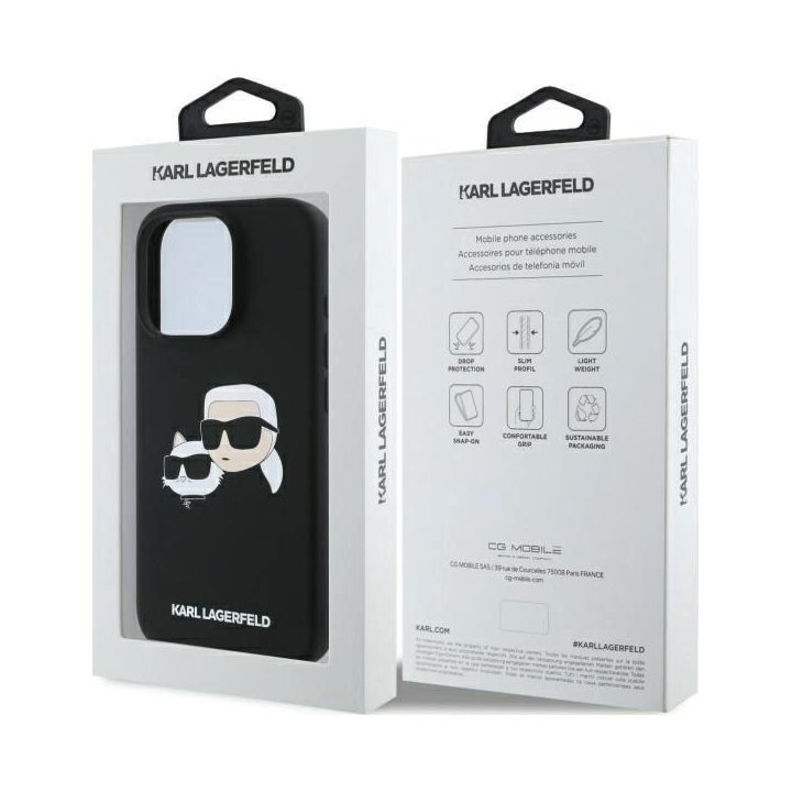 Karl Lagerfeld silikoninis dėklas su galvos atvaizdu, MagSafe, iPhone 16 Pro, juodas