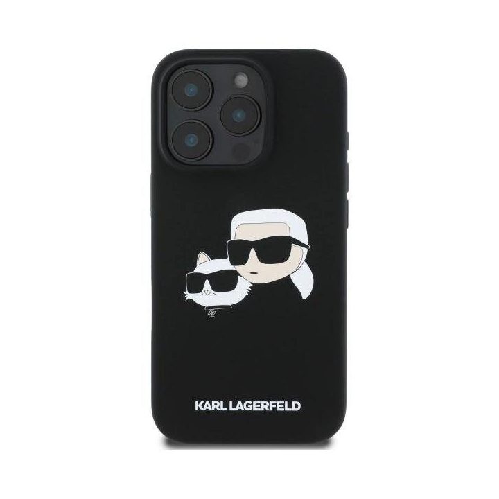 Karl Lagerfeld silikoninis dėklas su galvos atvaizdu, MagSafe, iPhone 16 Pro, juodas