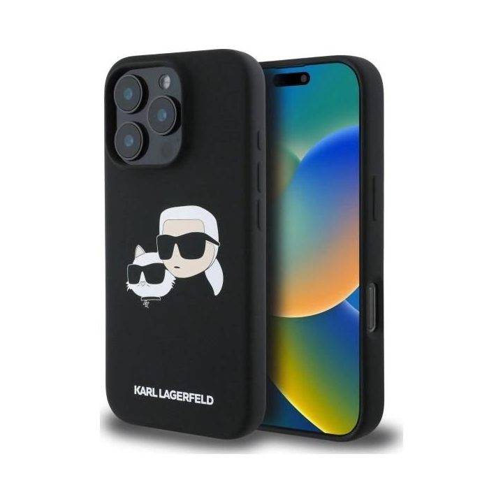 Karl Lagerfeld silikoninis dėklas su galvos atvaizdu, MagSafe, iPhone 16 Pro, juodas