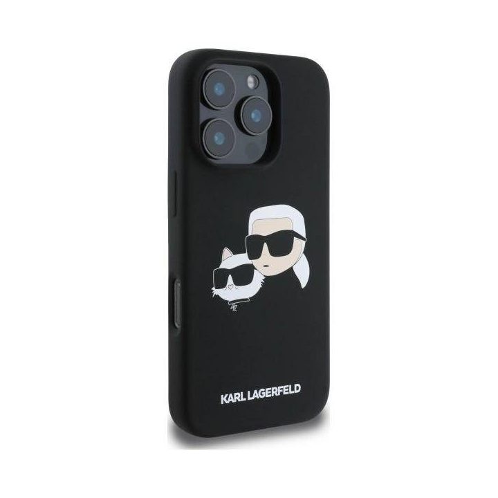 Karl Lagerfeld silikoninis dėklas su galvos atvaizdu, MagSafe, iPhone 16 Pro, juodas