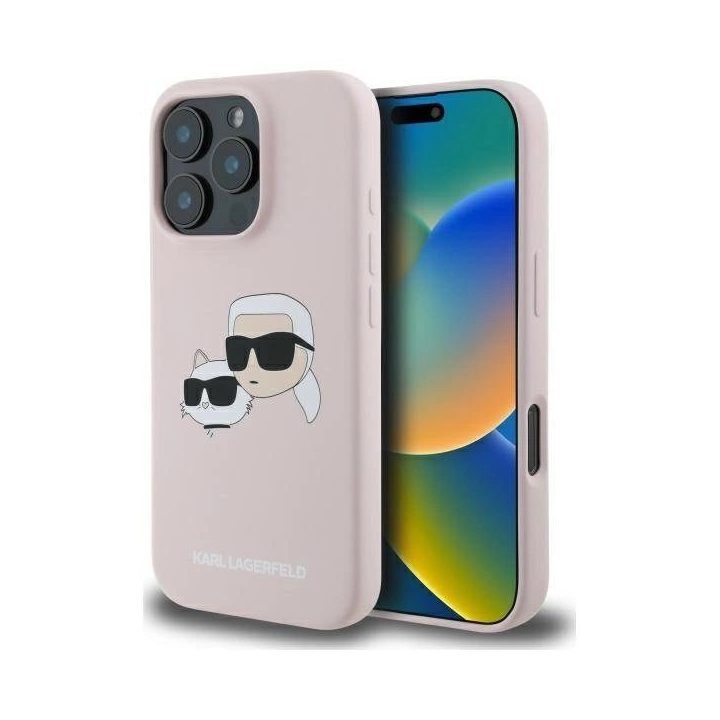 Karl Lagerfeld silikoninis dėklas su galvos raštu, MagSafe, iPhone 16 Pro, rožinis