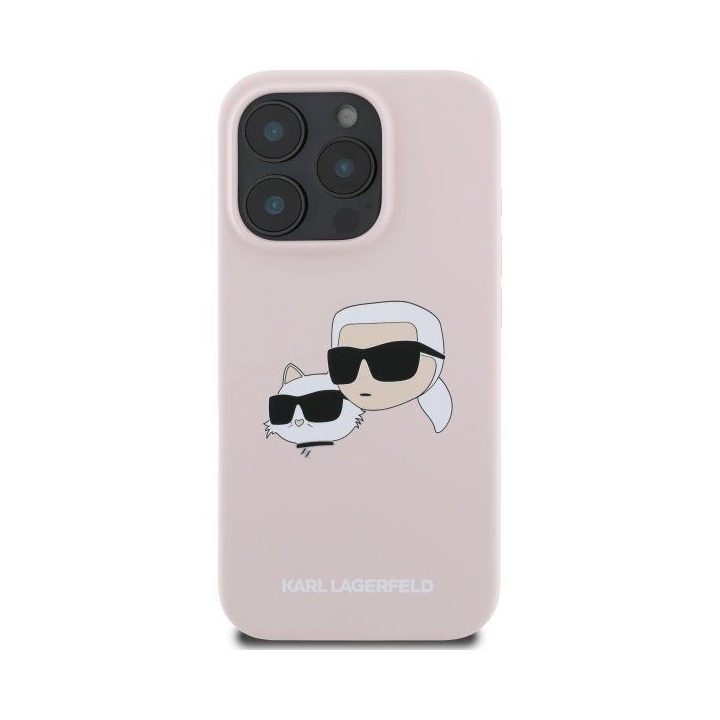 Karl Lagerfeld silikoninis dėklas su galvos raštu, MagSafe, iPhone 16 Pro, rožinis