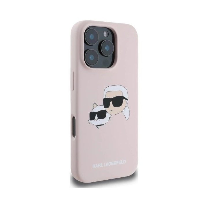Karl Lagerfeld silikoninis dėklas su galvos raštu, MagSafe, iPhone 16 Pro, rožinis