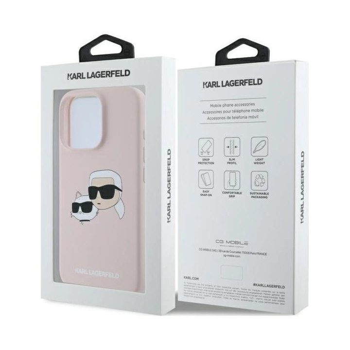Karl Lagerfeld silikoninis dėklas su galvos raštu, MagSafe, iPhone 16 Pro, rožinis