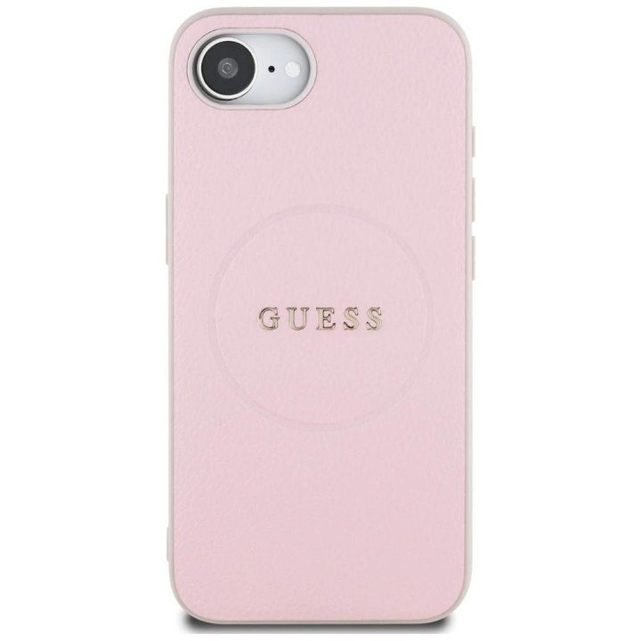 Guess grūdinto rašto MagSafe dėklas iPhone 16e – rožinis