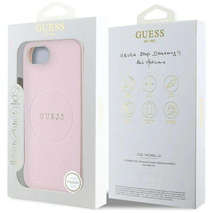 Guess grūdinto rašto MagSafe dėklas iPhone 16e – rožinis