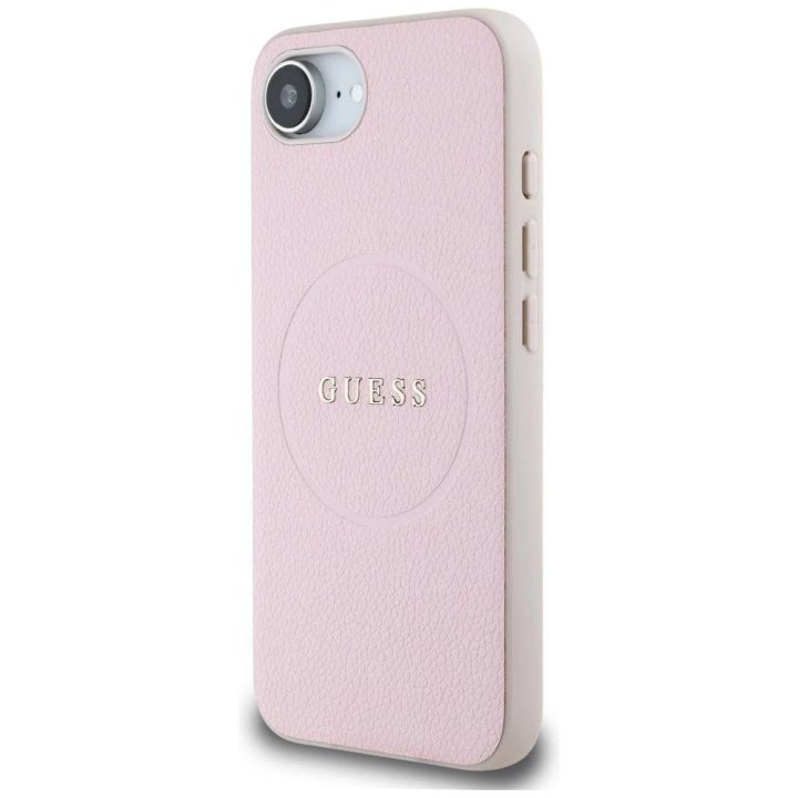 Guess grūdinto rašto MagSafe dėklas iPhone 16e – rožinis