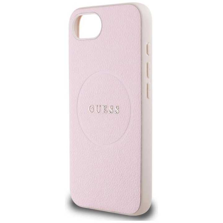 Guess grūdinto rašto MagSafe dėklas iPhone 16e – rožinis