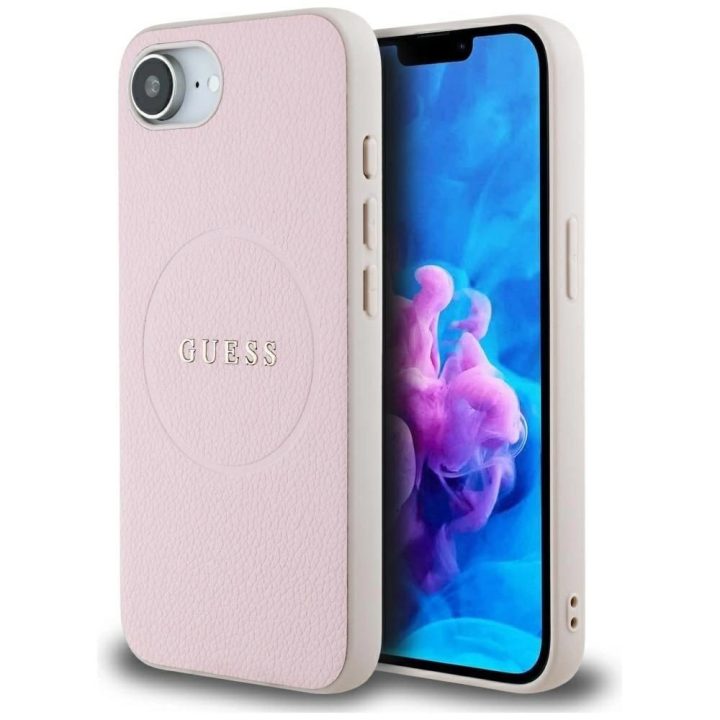 Guess grūdinto rašto MagSafe dėklas iPhone 16e – rožinis