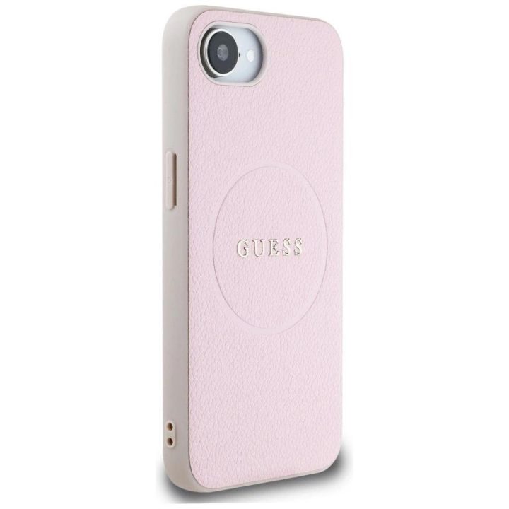 Guess grūdinto rašto MagSafe dėklas iPhone 16e – rožinis