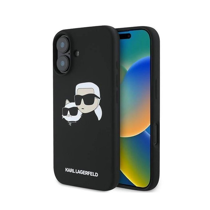 Karl Lagerfeld silikoninis dėklas su Nauble Heads piešiniu, MagSafe, iPhone 16 Plus, juodas