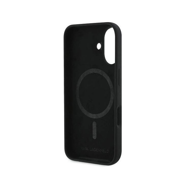 Karl Lagerfeld silikoninis dėklas su Nauble Heads piešiniu, MagSafe, iPhone 16 Plus, juodas