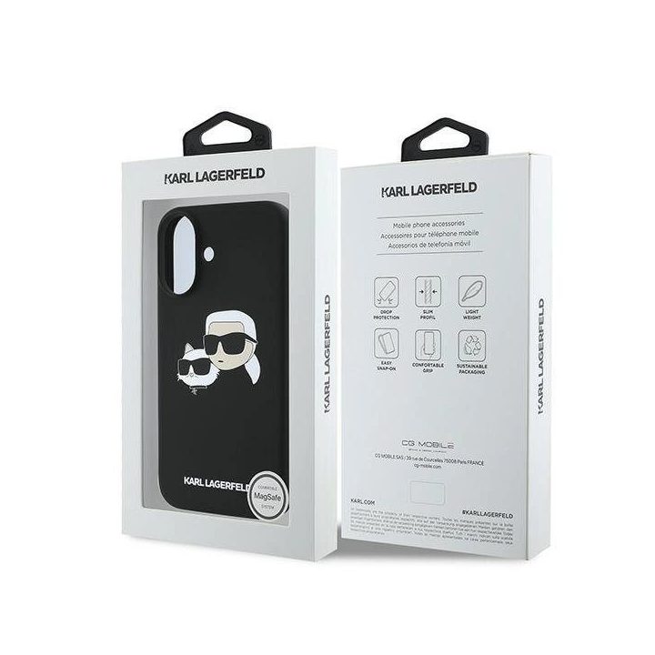 Karl Lagerfeld silikoninis dėklas su Nauble Heads piešiniu, MagSafe, iPhone 16 Plus, juodas