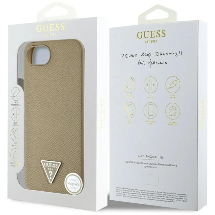 Guess grūdėtas trikampis MagSafe dėklas iPhone 16e – rudas