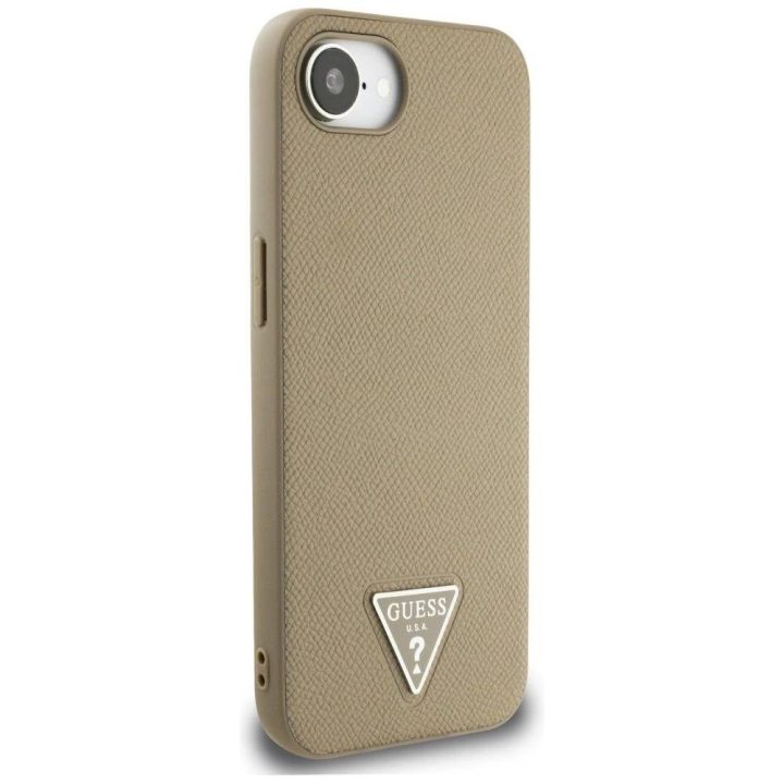 Guess grūdėtas trikampis MagSafe dėklas iPhone 16e – rudas