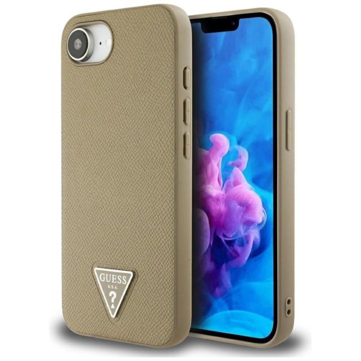 Guess grūdėtas trikampis MagSafe dėklas iPhone 16e – rudas
