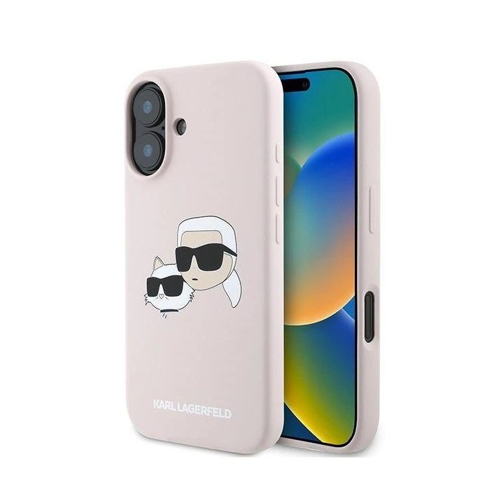 Karl Lagerfeld silikoninis dėklas su galvos atvaizdu, MagSafe, iPhone 16 Plus, rožinis