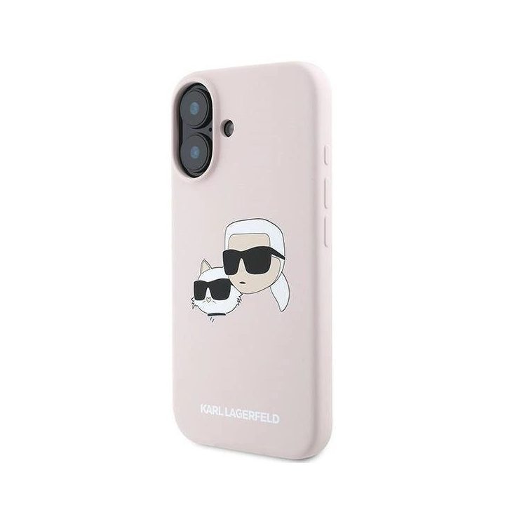 Karl Lagerfeld silikoninis dėklas su galvos atvaizdu, MagSafe, iPhone 16 Plus, rožinis