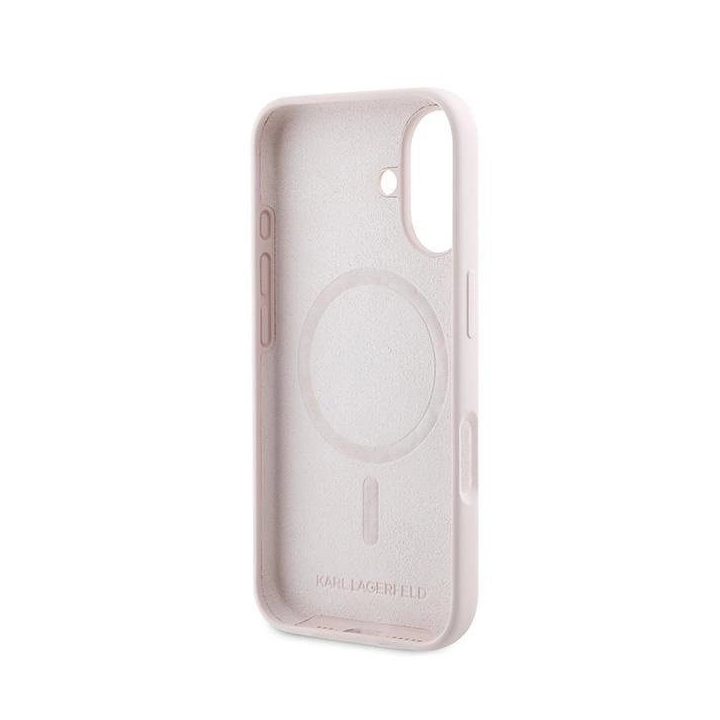 Karl Lagerfeld silikoninis dėklas su galvos atvaizdu, MagSafe, iPhone 16 Plus, rožinis