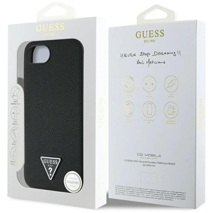 Guess grūdinto rašto MagSafe dėklas iPhone 16e – juodas