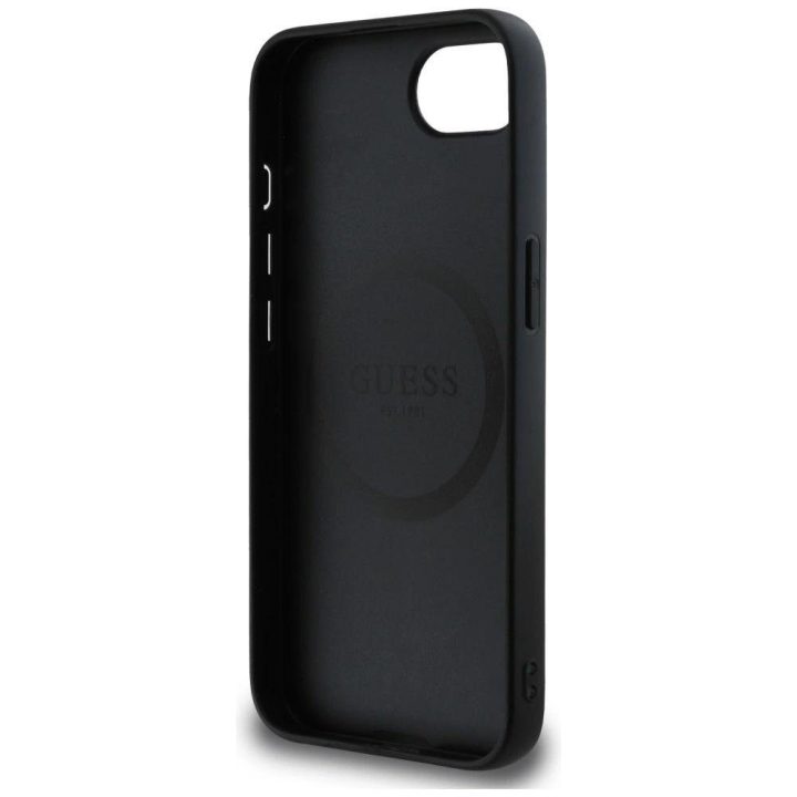 Guess grūdinto rašto MagSafe dėklas iPhone 16e – juodas
