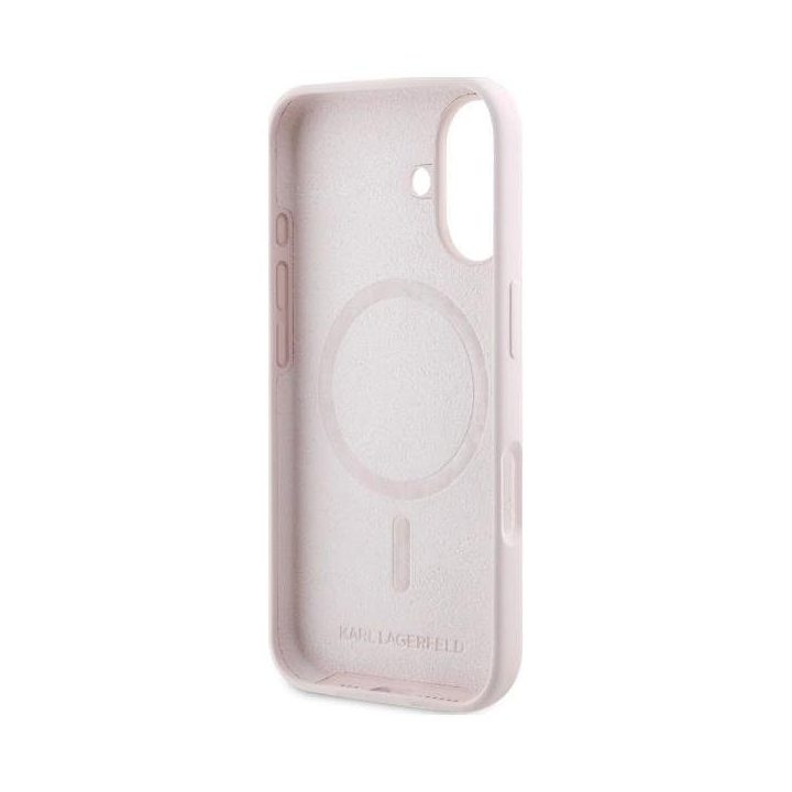 Karl Lagerfeld silikoninis dėklas su galvos raštu, MagSafe, iPhone 16, rožinis