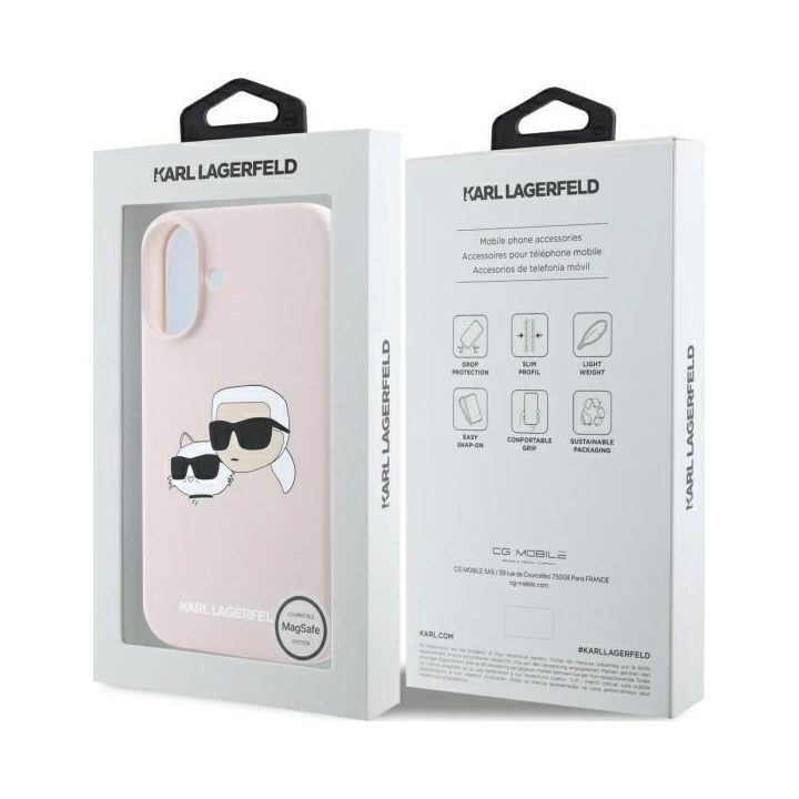 Karl Lagerfeld silikoninis dėklas su galvos raštu, MagSafe, iPhone 16, rožinis