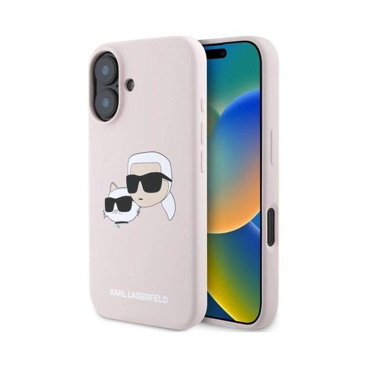 Karl Lagerfeld silikoninis dėklas su galvos raštu, MagSafe, iPhone 16, rožinis