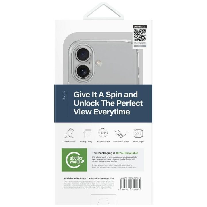 Uniq Swivix 360° besisukantis dėklas su atrama iPhone 16 – skaidrus