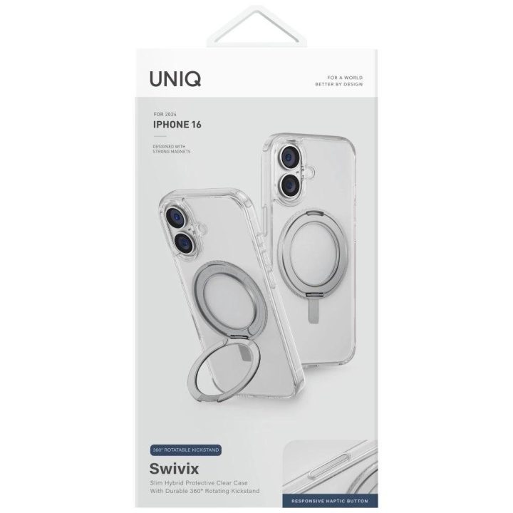 Uniq Swivix 360° besisukantis dėklas su atrama iPhone 16 – skaidrus