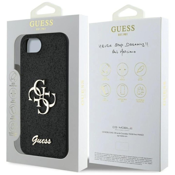 Guess blizgus juodas 4G dėklas iPhone 16e