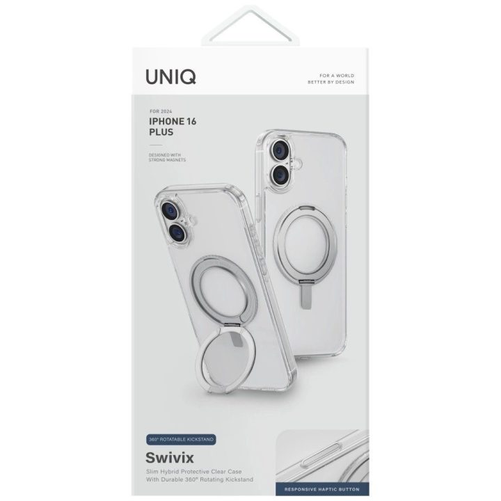 Uniq Swivix 360° besisukantis dėklas su stovu iPhone 16 Plus – skaidrus