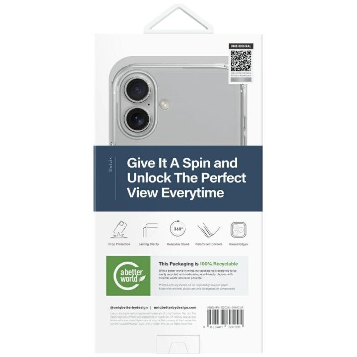 Uniq Swivix 360° besisukantis dėklas su stovu iPhone 16 Plus – skaidrus