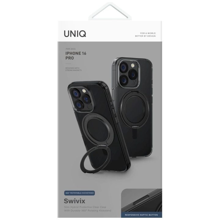 Uniq Swivix 360° pasukamas dėklas su stovu iPhone 16 Pro – juodas