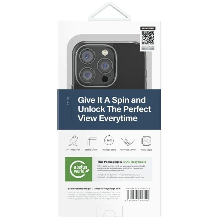 Uniq Swivix 360° pasukamas dėklas su stovu iPhone 16 Pro – juodas