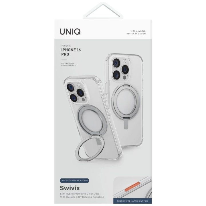 Uniq Swivix 360° besisukantis dėklas su stovu iPhone 16 Pro – skaidrus