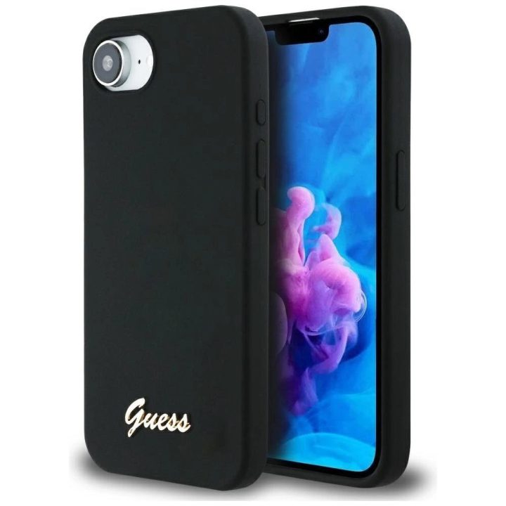 Guess silikoninis dėklas su metaliniu logotipu MagSafe iPhone 16 – juodas