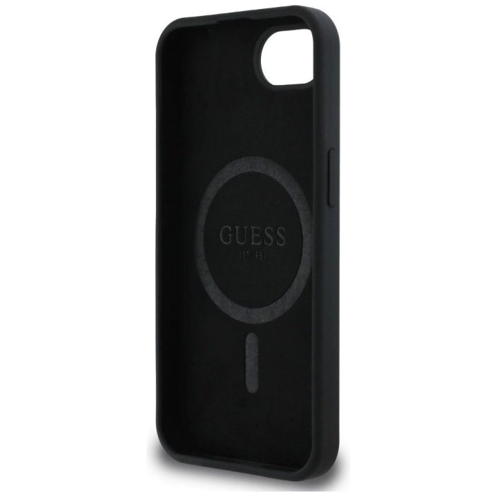 Guess silikoninis dėklas su metaliniu logotipu MagSafe iPhone 16 – juodas
