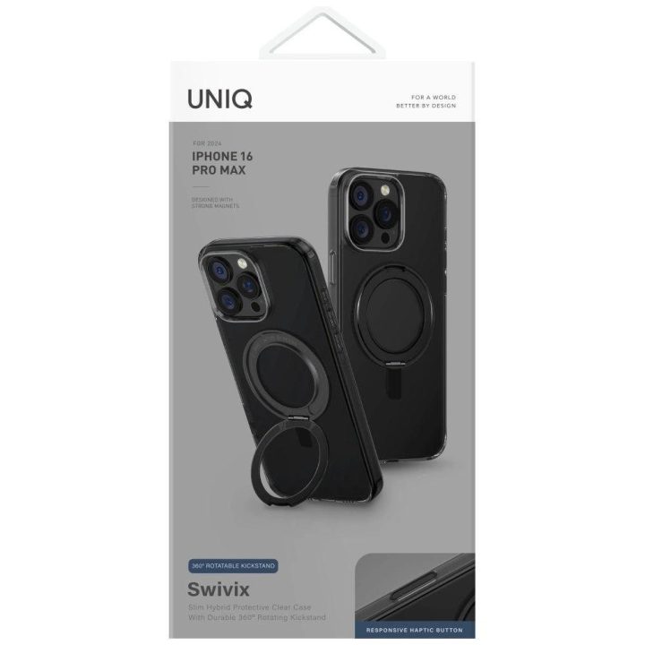 Uniq Swivix 360° besisukantis dėklas su atrama iPhone 16 Pro Max, juodas