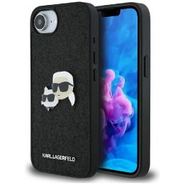 Karl Lagerfeld blizgus metalinis iPhone 16e dėklas su Karl ir Choupette dizainu – juodas
