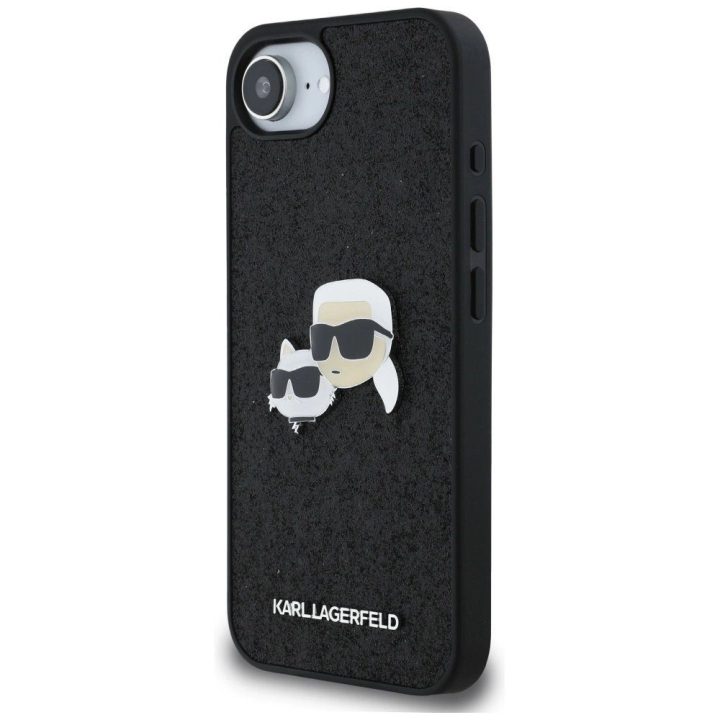 Karl Lagerfeld blizgus metalinis iPhone 16e dėklas su Karl ir Choupette dizainu – juodas