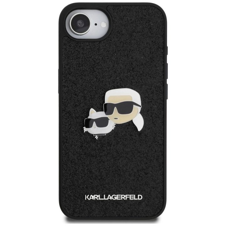 Karl Lagerfeld blizgus metalinis iPhone 16e dėklas su Karl ir Choupette dizainu – juodas