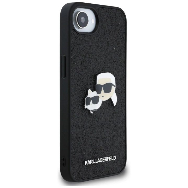 Karl Lagerfeld blizgus metalinis iPhone 16e dėklas su Karl ir Choupette dizainu – juodas