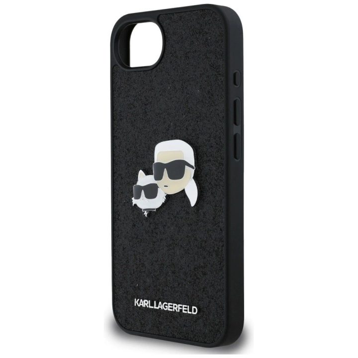 Karl Lagerfeld blizgus metalinis iPhone 16e dėklas su Karl ir Choupette dizainu – juodas