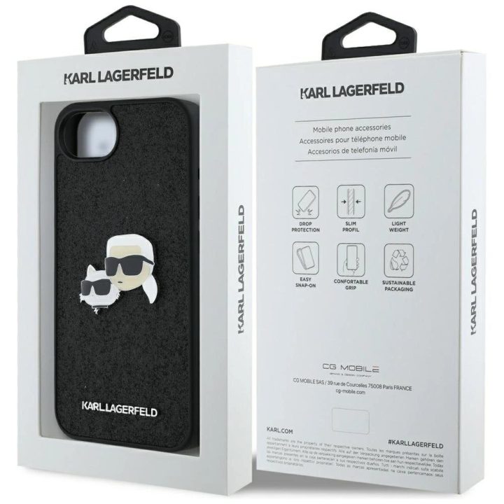 Karl Lagerfeld blizgus metalinis iPhone 16e dėklas su Karl ir Choupette dizainu – juodas