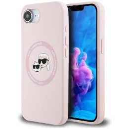 Karl Lagerfeld silikoninis dėklas su Karl ir Choupette galvomis, MagSafe, rožinis, iPhone 16